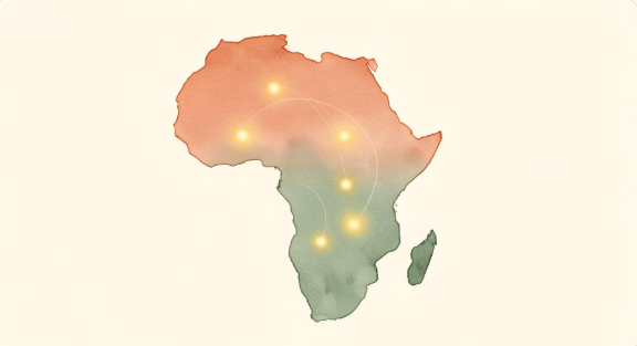 Map of Africa showing the 14+ markets covered by SystemIQ Africa with glowing market indicators